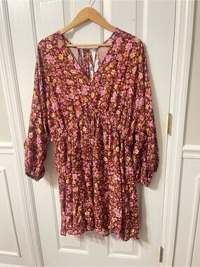 Emily Wonder Floral Rust 3X Plus Dress V Neck Knee Lined Boho Cottagecore